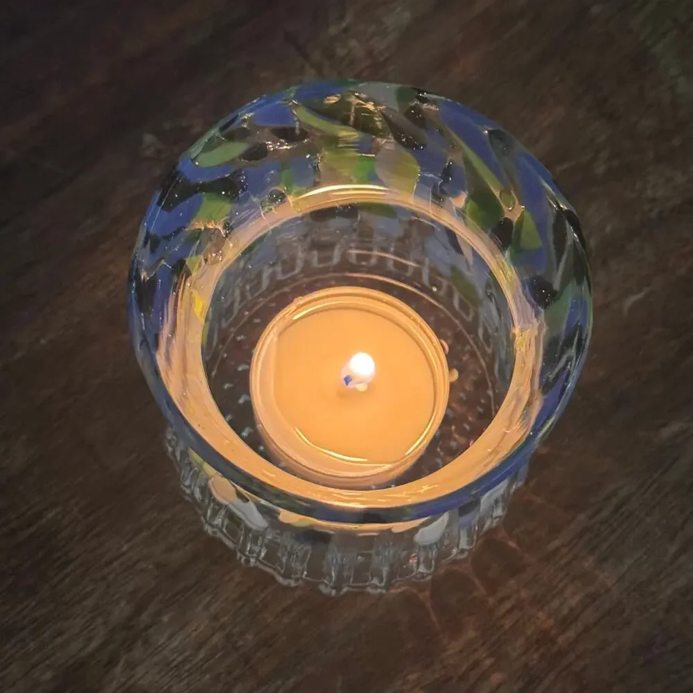 Vintage Art Glass Candle Holder Votive Tealight Confetti Coastal Boho Decor 3”